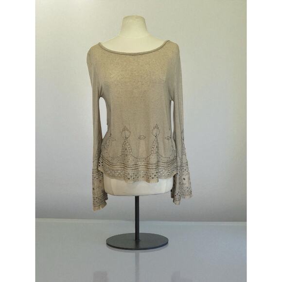 Women's Free People Split Back Linen Blend Beige Top Shirt Blouse Size Medium - Picture 1 of 11